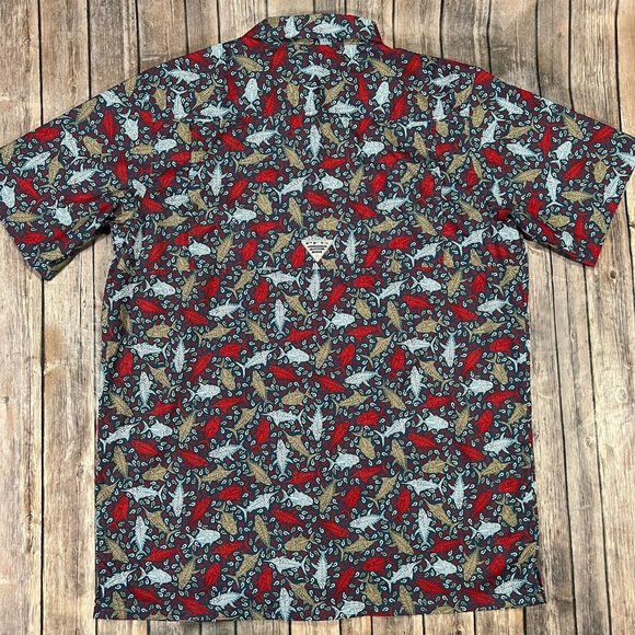 Columbia PFG Fish Print Vented Short Sleeve Button Shirt XLT Mens Red Blue AOP - Picture 3 of 9